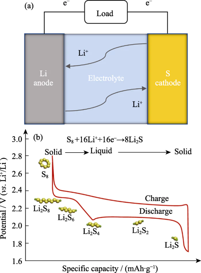 Fig. 1 Schematic diagram of (a) lithium-sulfur battery configuration and (b) corresponding charge-discharge process