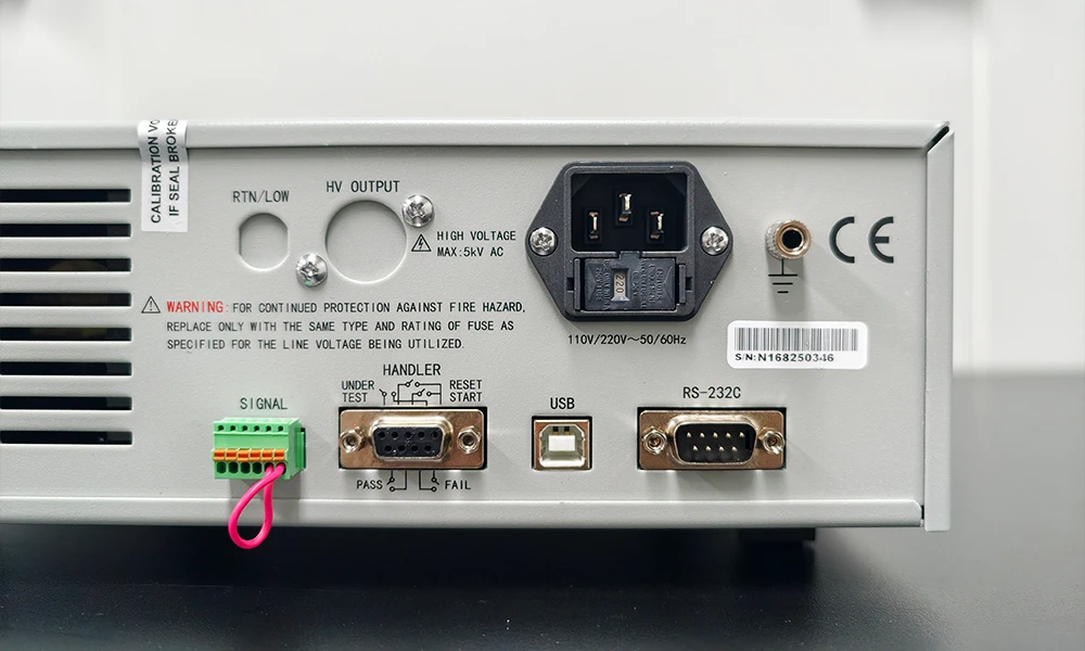 TOB-TH9320 Hi-Pot Tester rear panel with RS232, USB, HANDLER, SIGNAL and PLC interfaces