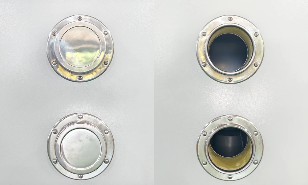 50 mm test port with silicone plug and stainless steel cover on the left side of the TOB-001-1 explosion proof box