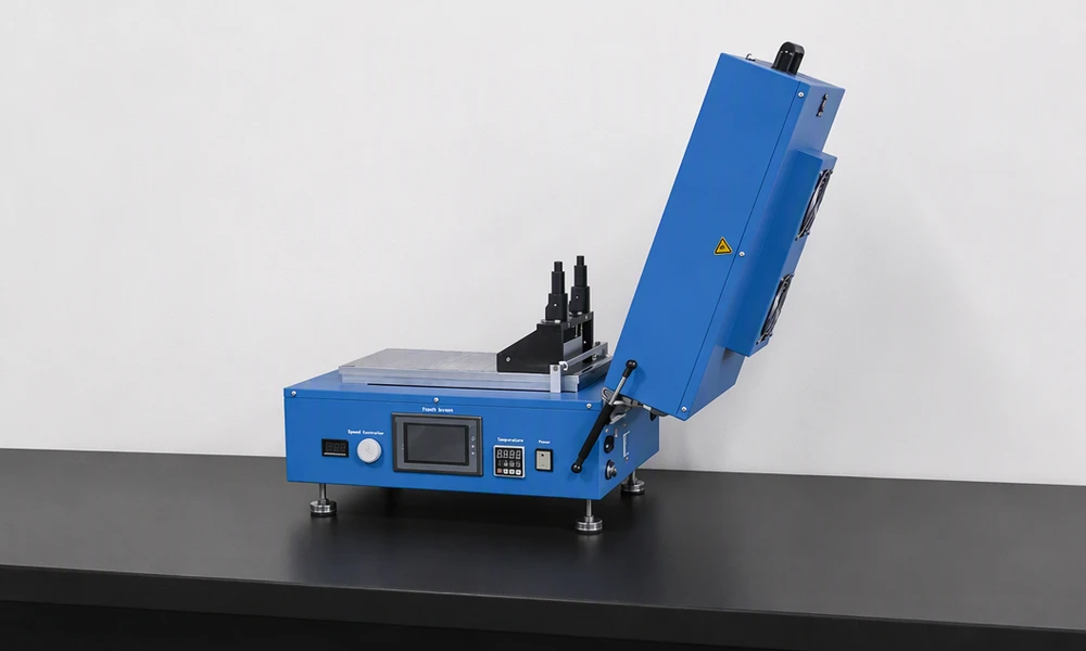 TOB-VCH-300X250 automatic film coating and drying machine with the lid open, the doctor blade applicator resting on the coating bed