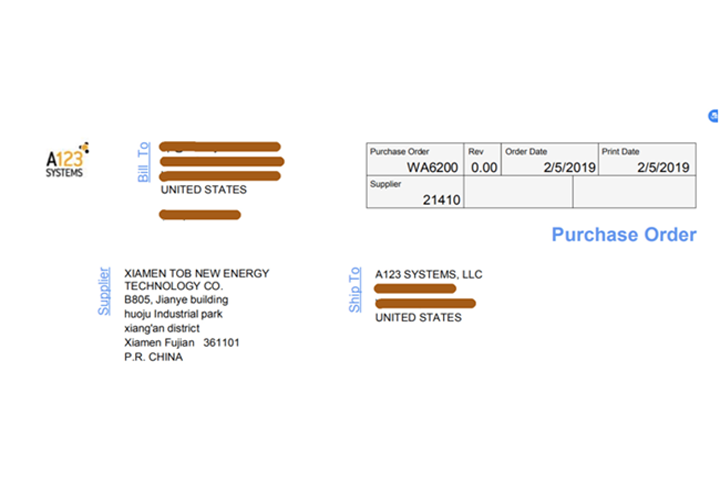 New Purchase Order From A123